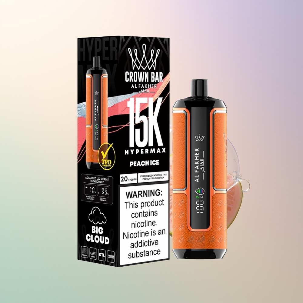 Al Fakher Crown Bar 15K Peach Ice Hypermax DTL 22ml 600mAh Type-C Disposable Vape Kit