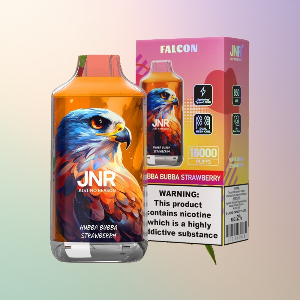 JNR Falcon 16000 Puffs Hubba Bubba Strawberry 850mAh 22ml Dual Mesh Coil Type C  Lightning Smart LED 0 2