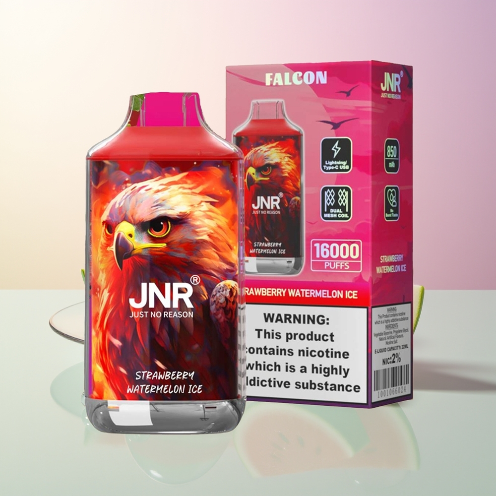 JNR Falcon 16000 Puffs Strawberry Watermelon Ice 850mAh 22ml Dual Mesh Coil Type C  Lightning Smart LED 0 2