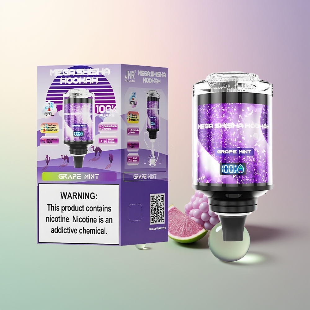 JNR Mega Shisha Hookah 100K Grape Mint Desktop Interactive Smart Screen Adjustable Airflow Type-C Fast Charging 2200mAh 60mL