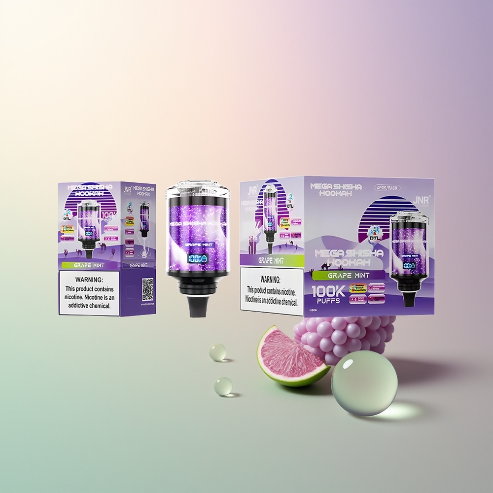 JNR Mega Shisha Hookah 100K Grape Mint Desktop Interactive Smart Screen Adjustable Airflow Type-C Fast Charging 2200mAh 60mL