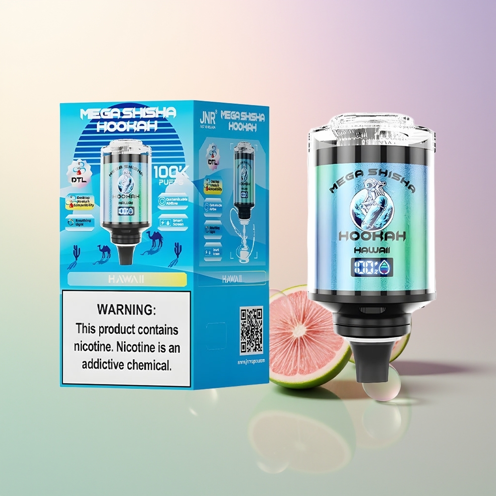 JNR Mega Shisha Hookah 100K Hawaii 60mL 2200mAh Type-C Smart Screen Adjustable Airflow 2 Nicotine