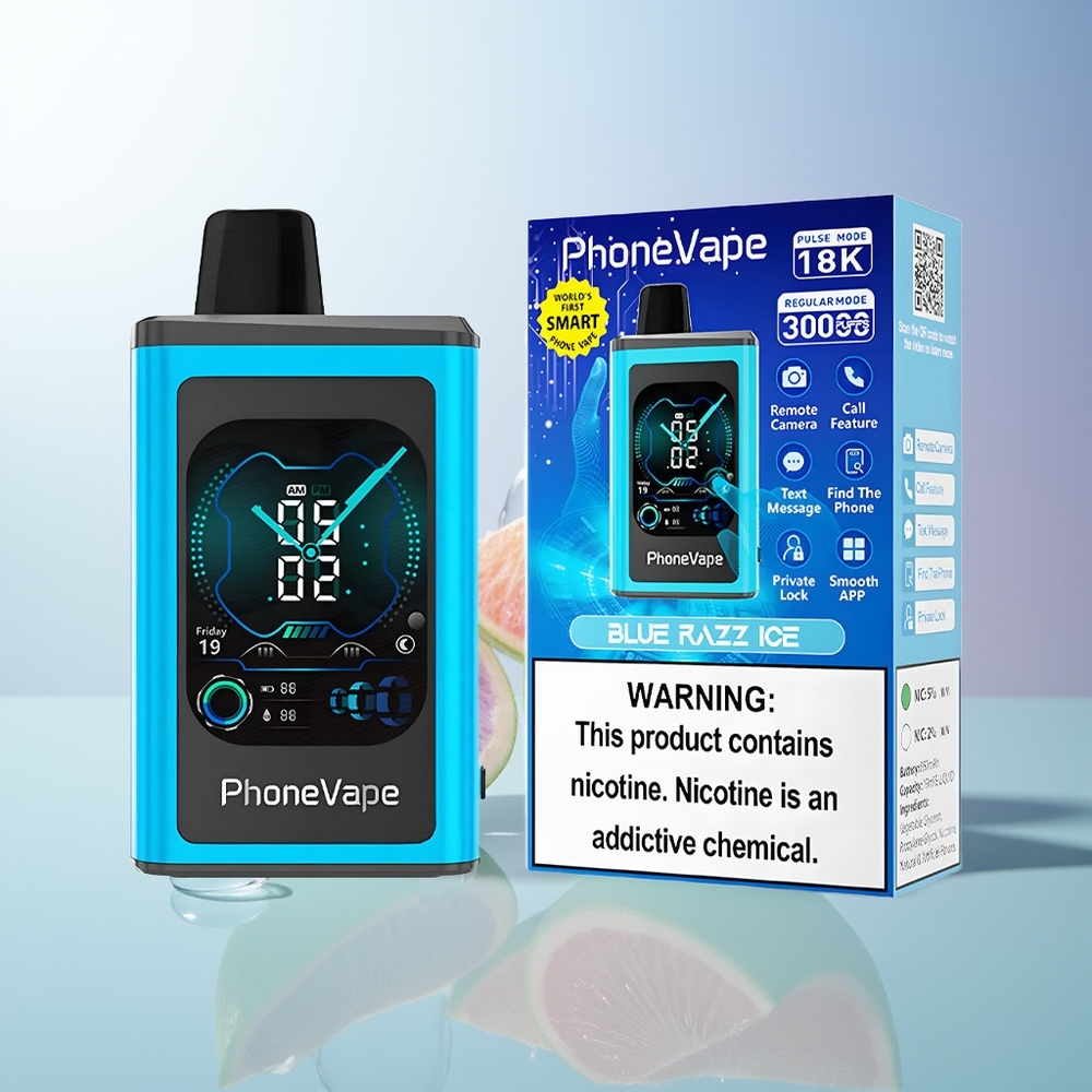 JNR PhoneVape 30000 Blue Razz Ice Rechargeable Turbo Adjustable Airflow App Display