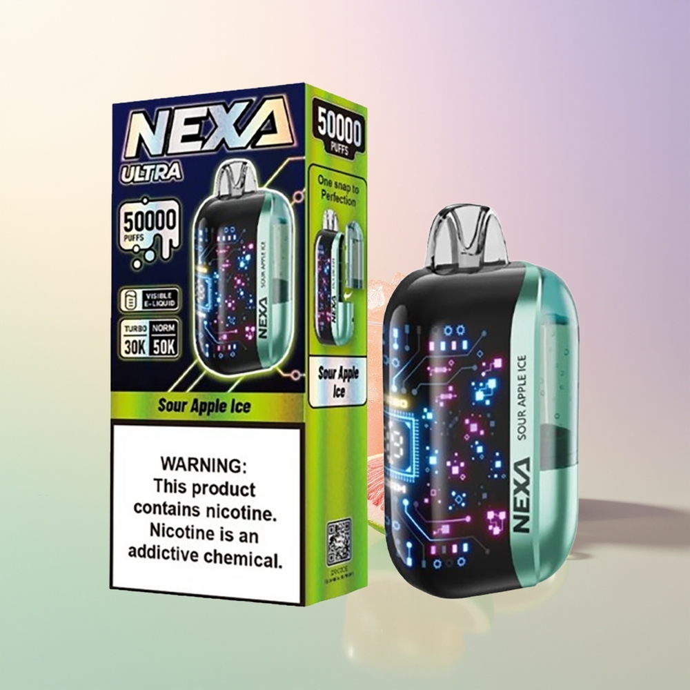 NEXA Ultra 50000 Puffs Sour Apple Ice Disposable Vape 20ml 800mAh 5 Dual Mesh Coils 3D Curved Screen Type-C