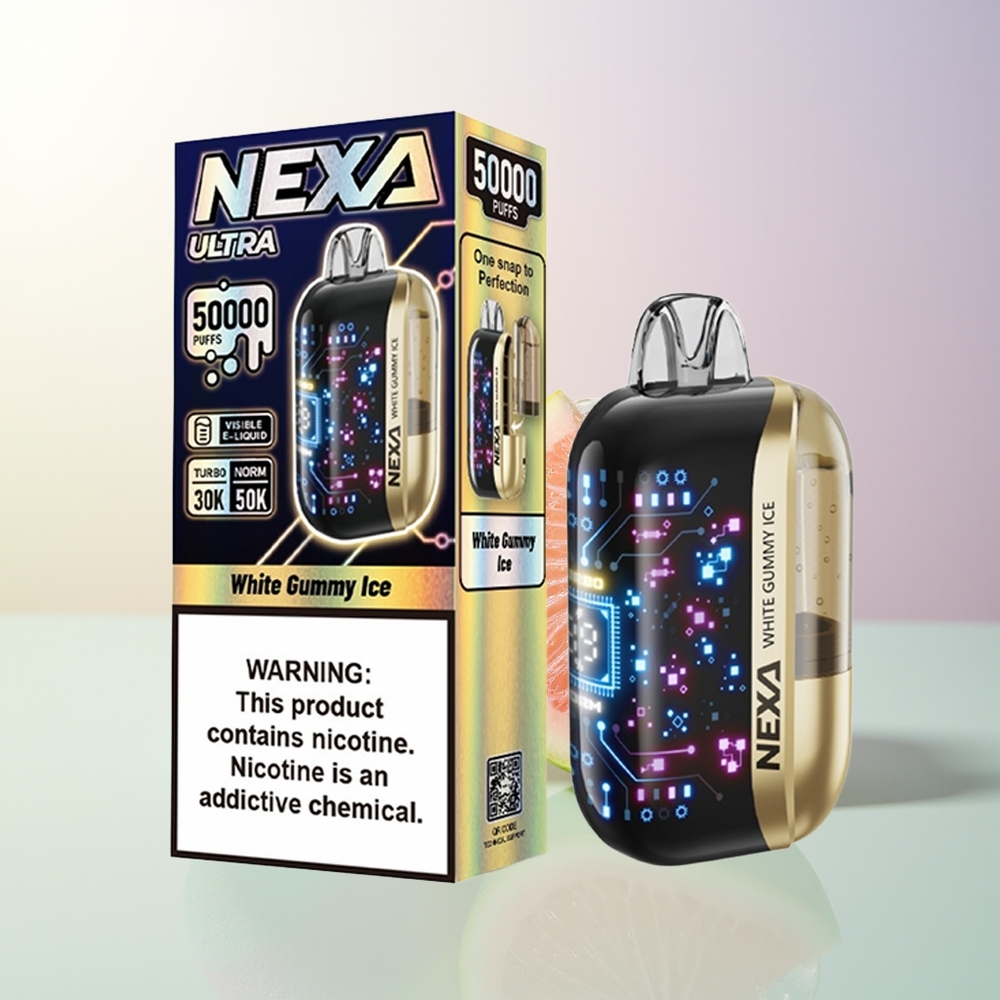 NEXA Ultra 50000 Puffs White Gummy Ice 20ml 800mAh 5 Dual Mesh 09ohm Type-C 3D Curved Screen