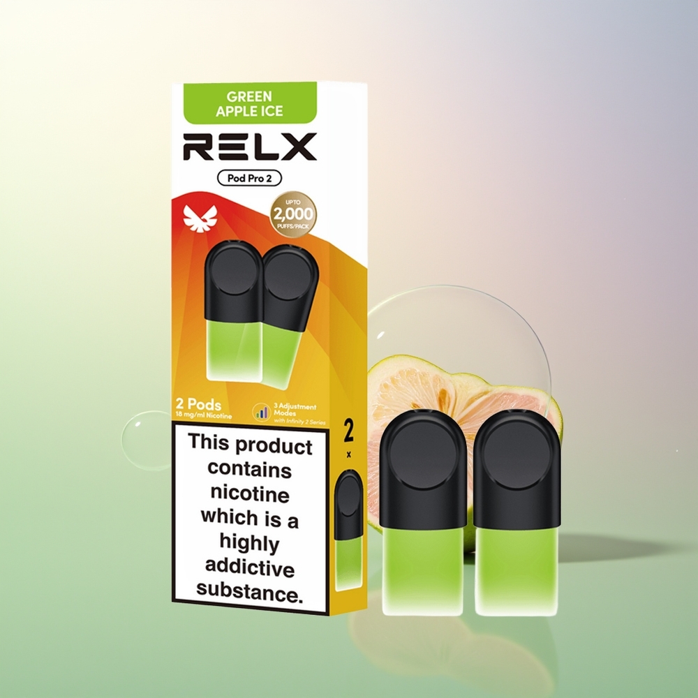 RELX Pod Pro 2 600 Puffs Green Apple Ice 19ml 3 Voltage Modes Eco Smooth Boost 2 Pods Pack
