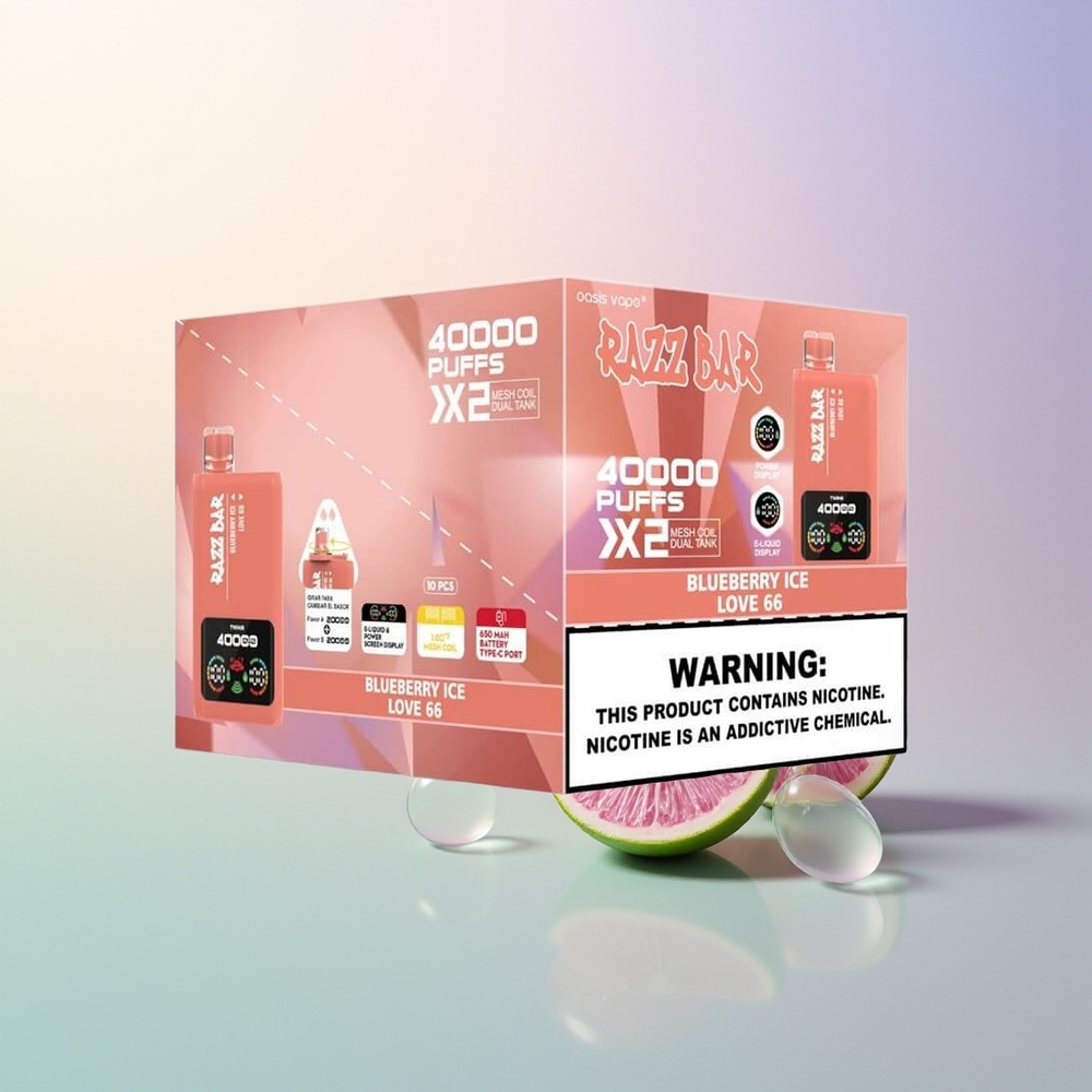 Razz Bar 40000 Puffs Blueberry Ice Disposable Vape with Power Screen Display 10Ohm 2 Mesh Coil 650Mah Type-C 25 Nicotine - Love 66