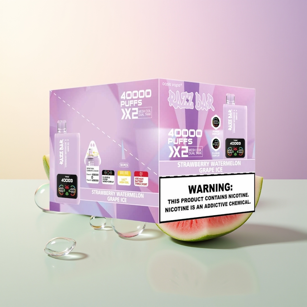 Razz Bar 40000 Puffs Disposable Vape Strawberry Watermelon Grape Ice with Power Screen Display 10Ohm 2 Mesh Coil 650mAh Battery Type-C Port 2 5 Nicotine