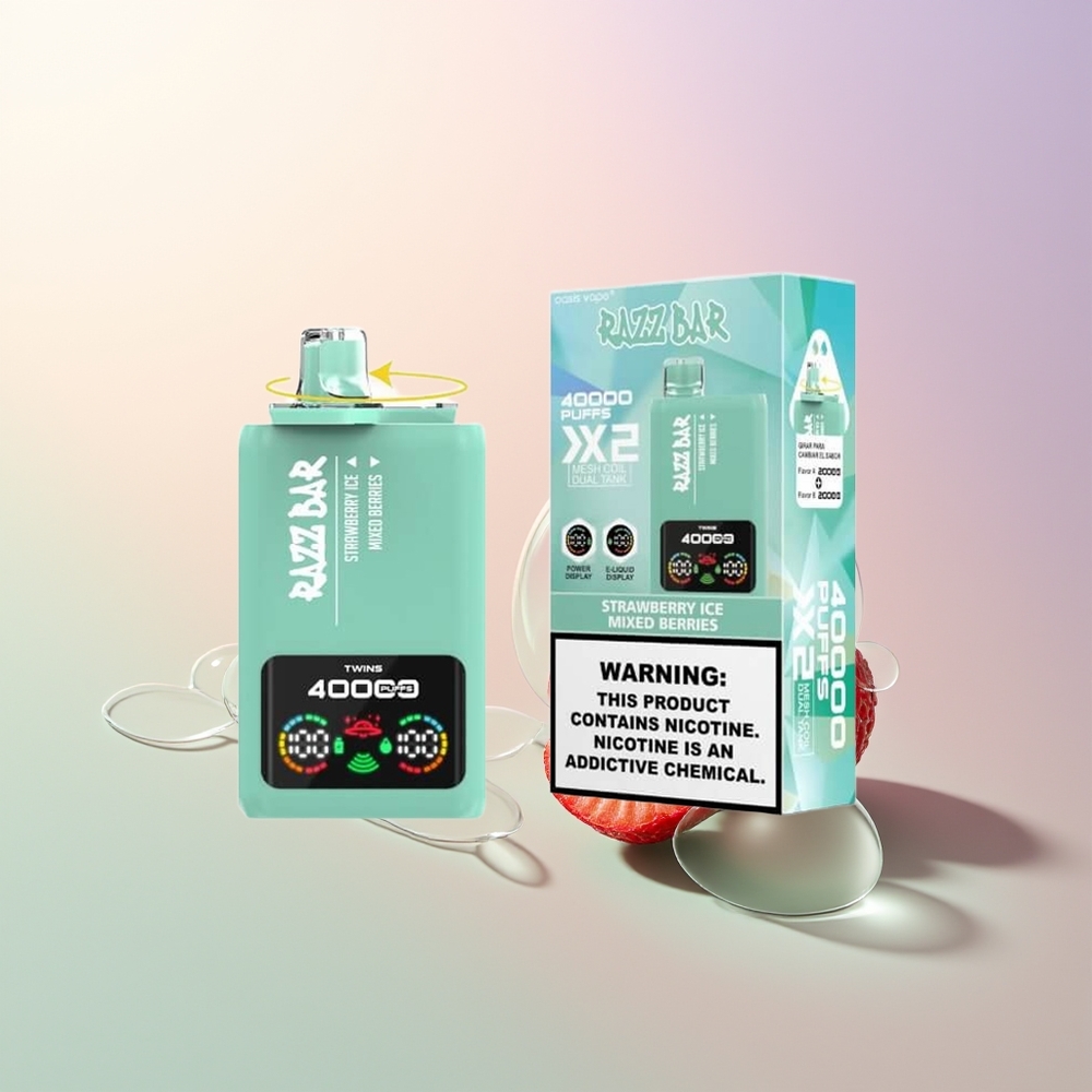 Razz Bar 40000 Puffs Strawberry Ice Mixed Berries Power Screen Display 10Ohm 2 Mesh Coil 650 Mah Type-C 25 Nicotine