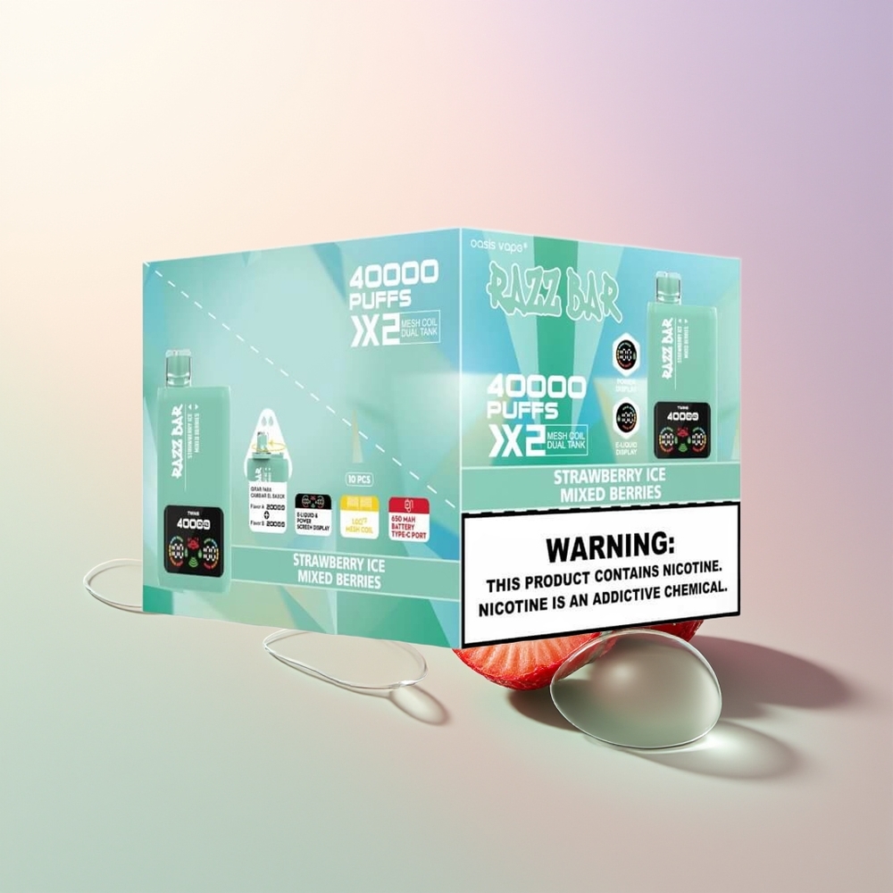 Razz Bar 40000 Puffs Strawberry Ice Mixed Berries Power Screen Display 10Ohm 2 Mesh Coil 650 Mah Type-C 25 Nicotine