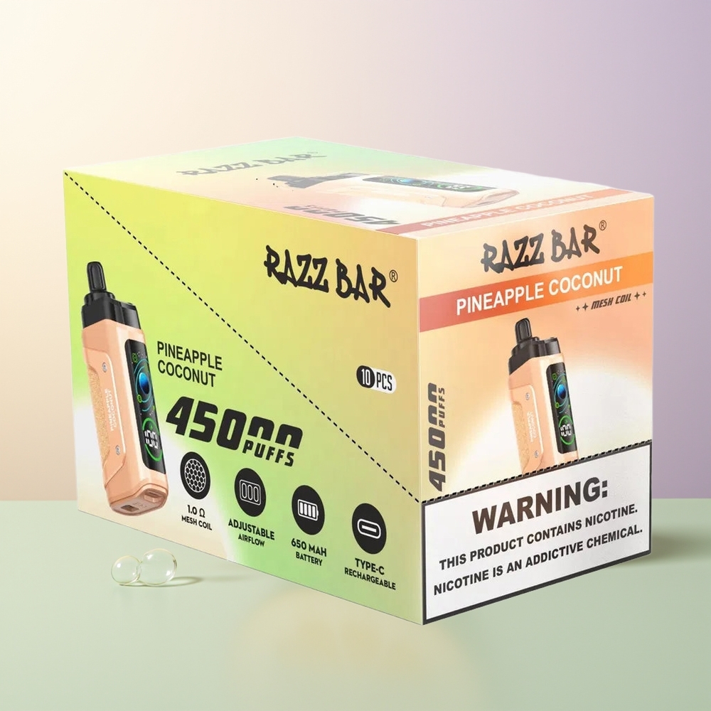 Razz Bar 45000 Puffs Disposable Vape Pineapple Coconut Mesh Coil Adjustable Airflow Rechargeable