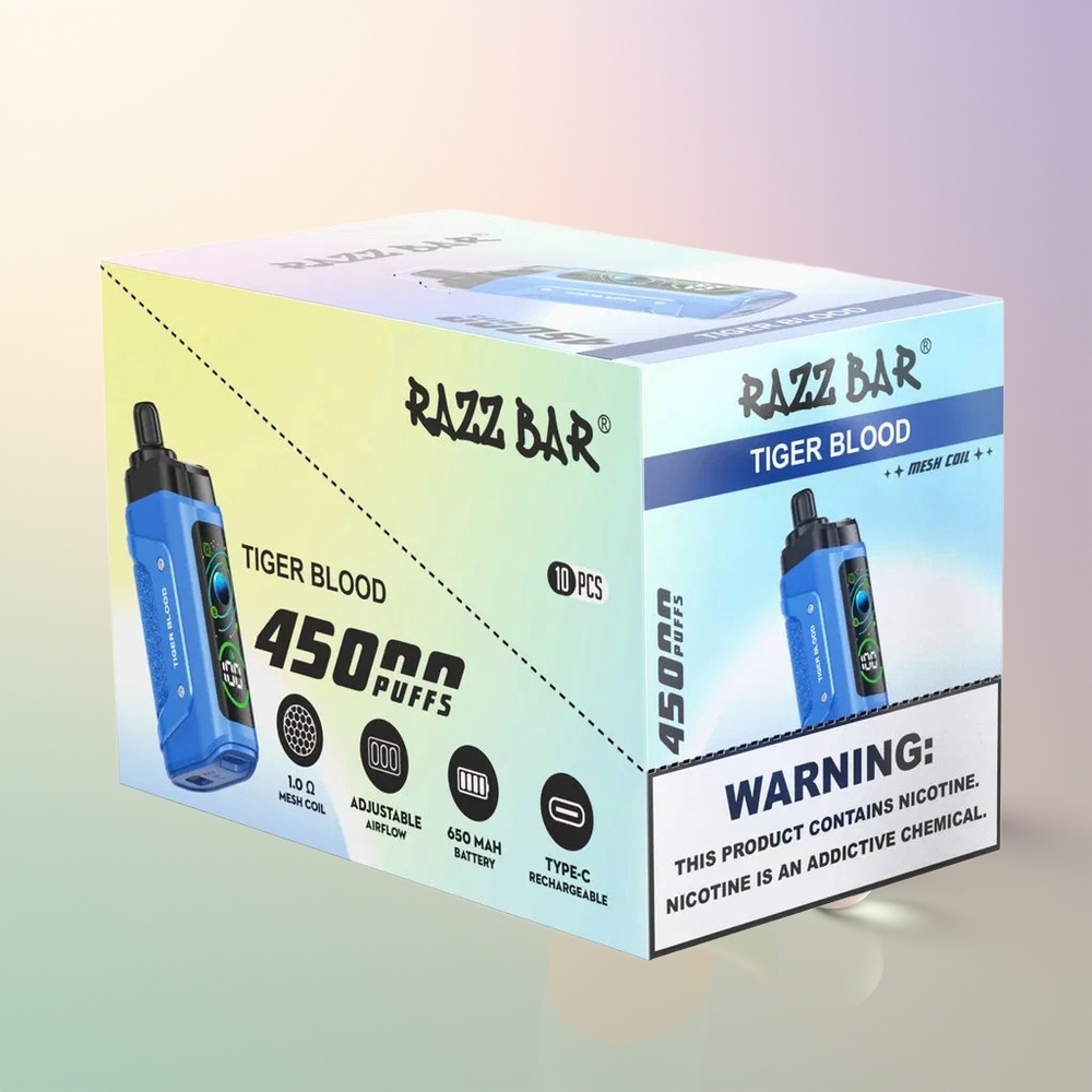 Razz Bar 45000 Puffs Disposable Vape Tiger Blood Mesh Adjustable Airflow Rechargeable
