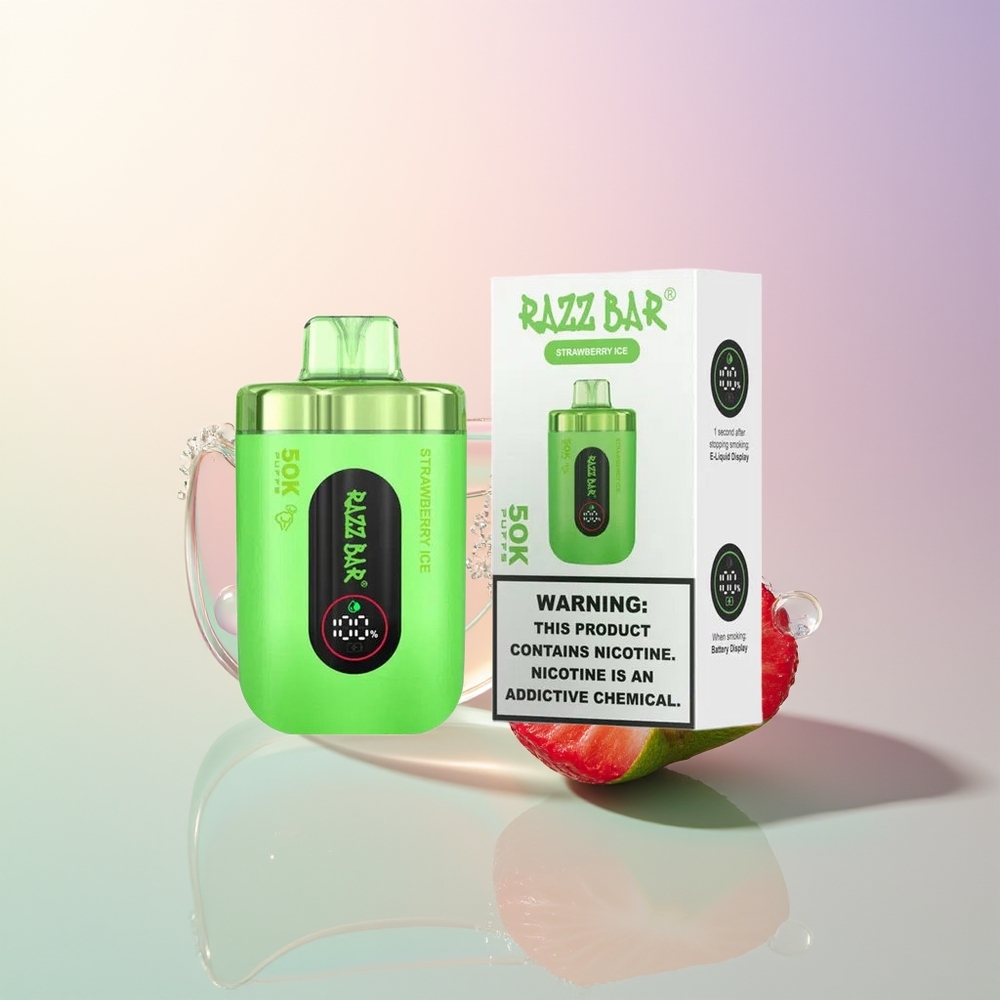 Razz Bar 50K Puffs Disposable Vape Strawberry Ice 10 Ohm Mesh 650mAh Type-C 2 Nicotine