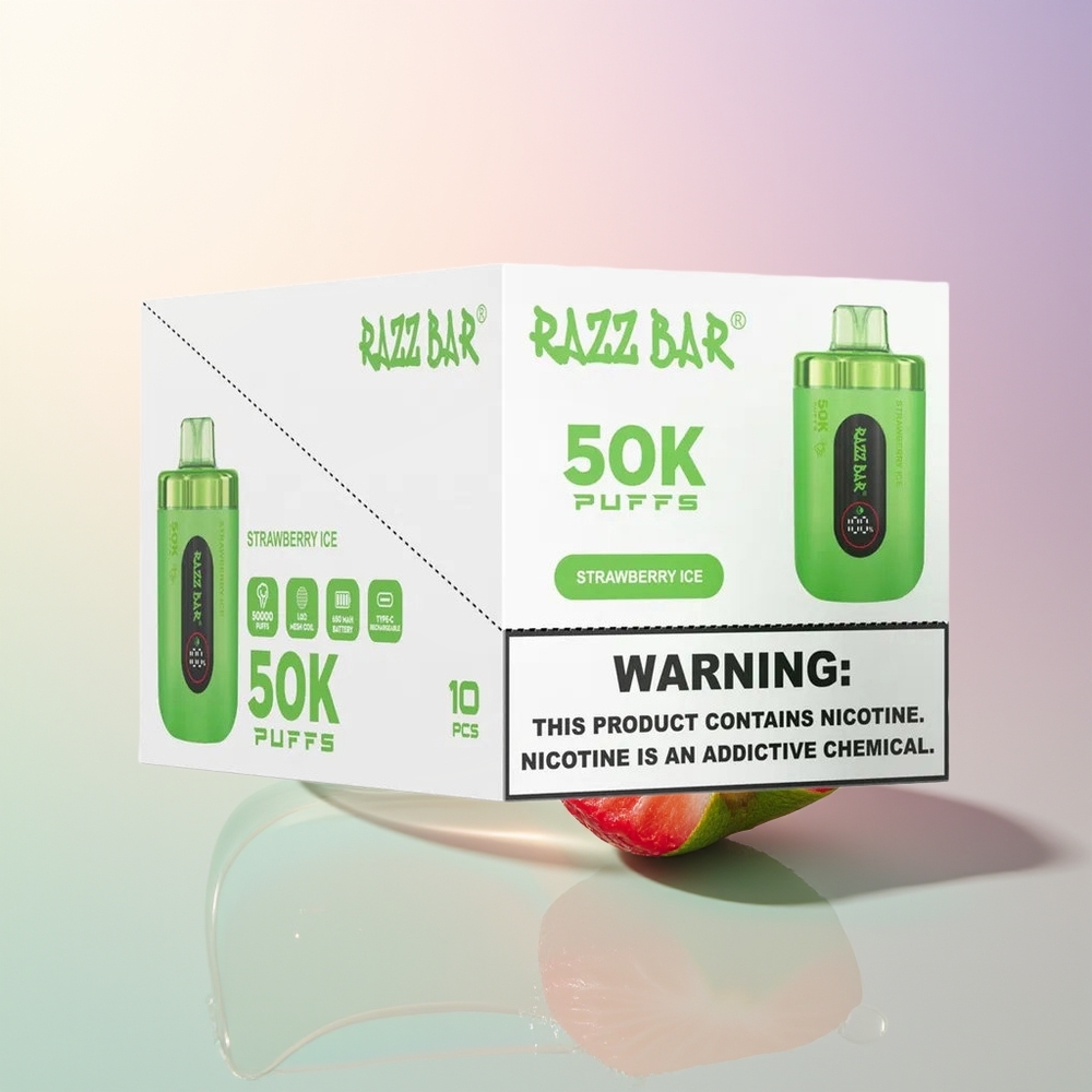 Razz Bar 50K Puffs Disposable Vape Strawberry Ice 10 Ohm Mesh 650mAh Type-C 2 Nicotine