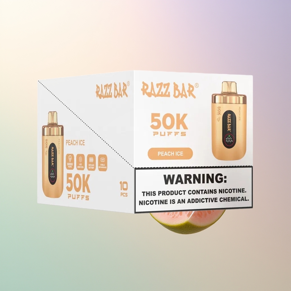 Razz Bar 50K Puffs Peach Ice 10 Ohm Mesh 650mAh Type-C 2 Nicotine