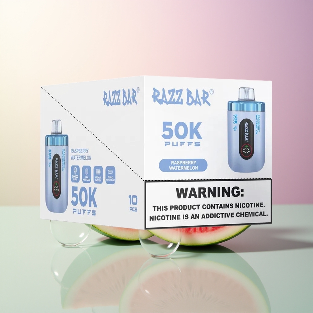 Razz Bar 50K Puffs Raspberry Watermelon Disposable Vape 10 Ohm Mesh 650mAh Type-C 2 Nicotine