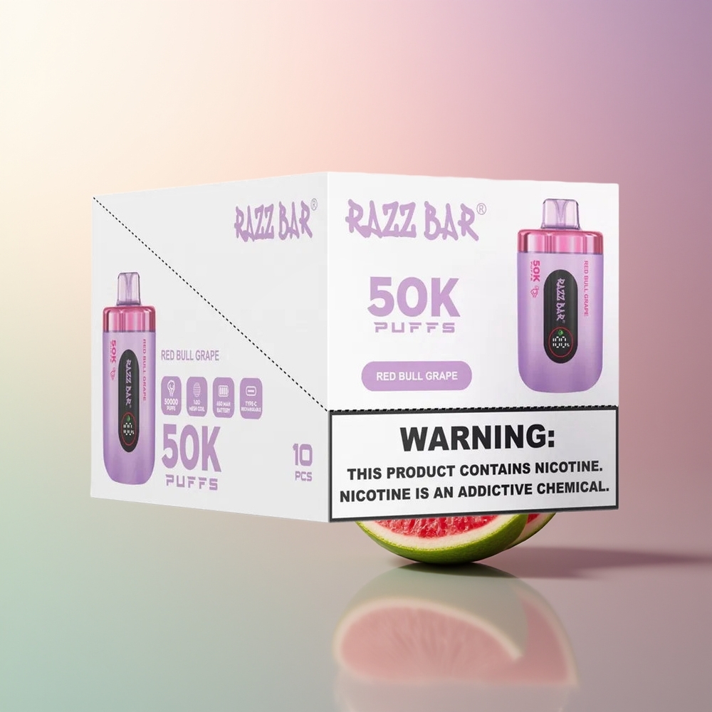 Razz Bar 50K Puffs Red Bull Grape Disposable Vape 10 Ohm Mesh 650mAh Type-C 2 Nicotine