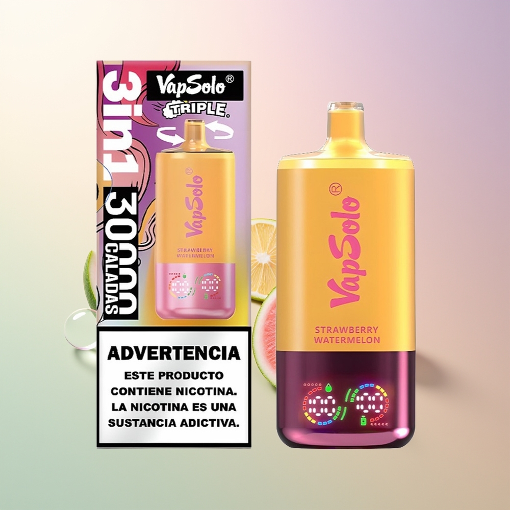 VapSolo Triple 30000 Puffs Strawberry Watermelon  Lemon Peach 40ml 3-Tank Type-C