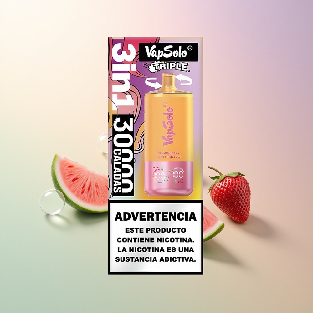 VapSolo Triple 30000 Puffs Strawberry Watermelon  Lemon Peach 40ml 3-Tank Type-C